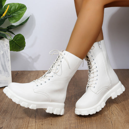 Comércio Estrangeiro Botas de Mulher Plus Size 2025 Outono/Inverno Novas Botas de Salto Grosso com Ponta Redonda com Ponta Grossa de Salto Baixo Martin Botas de Mota Feminina Tornozeleira