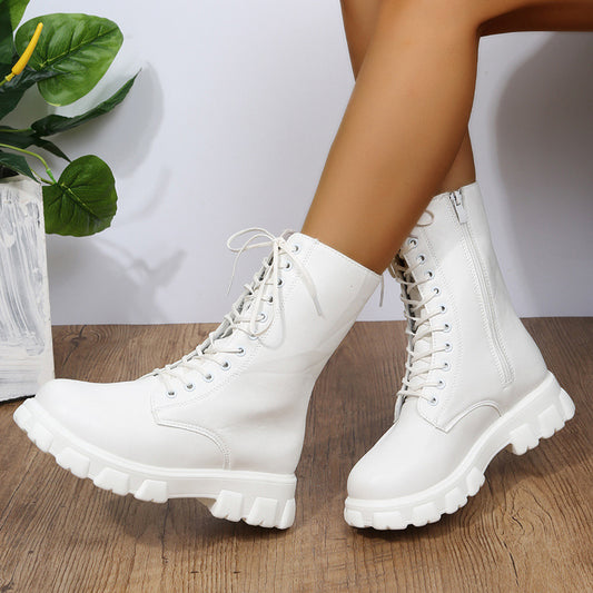 Comércio Estrangeiro Botas de Mulher Plus Size 2025 Outono/Inverno Novas Botas de Salto Grosso com Ponta Redonda com Ponta Grossa de Salto Baixo Martin Botas de Mota Feminina Tornozeleira