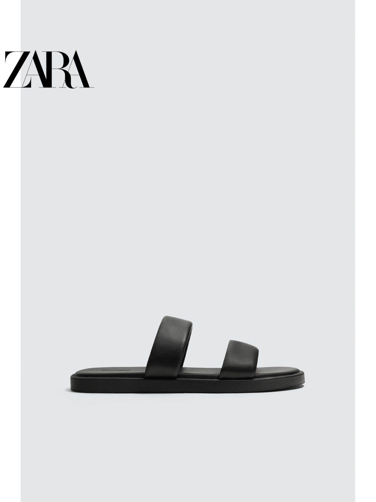 ZARA 2026 Primavera/Verão Novos Sapatos Masculinos Sandálias Rasteiras de Praia em Couro Preto com Tiras 2710720 800