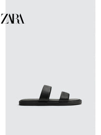 ZARA 2026 Primavera/Verão Novos Sapatos Masculinos Sandálias Rasteiras de Praia em Couro Preto com Tiras 2710720 800