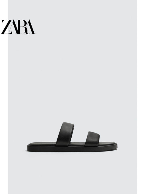 ZARA 2026 Primavera/Verão Novos Sapatos Masculinos Sandálias Rasteiras de Praia em Couro Preto com Tiras 2710720 800