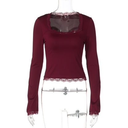 Amazon Novas camisolas femininas versáteis, com gola quadrada, gola quadrada em renda lateral e manga longa, slim-fit, na moda da Amazon, para comércio exterior