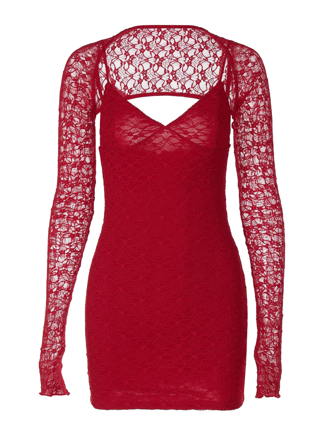 Vestido slipwork de renda sexy europeu e americano, vestido social de decote em V com design vermelho puro e atraente, rapariga atraente