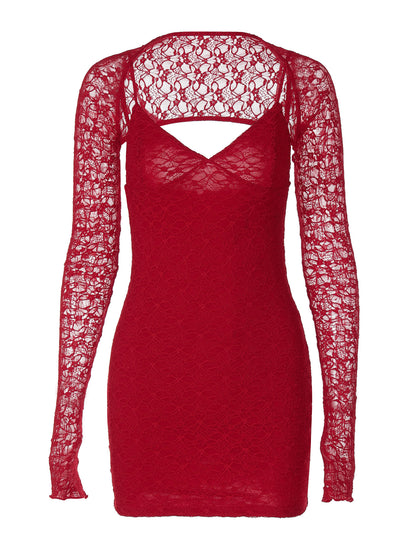 Vestido slipwork de renda sexy europeu e americano, vestido social de decote em V com design vermelho puro e atraente, rapariga atraente