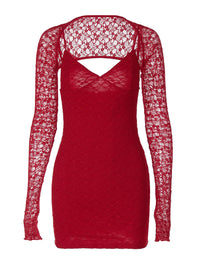 Vestido slipwork de renda sexy europeu e americano, vestido social de decote em V com design vermelho puro e atraente, rapariga atraente