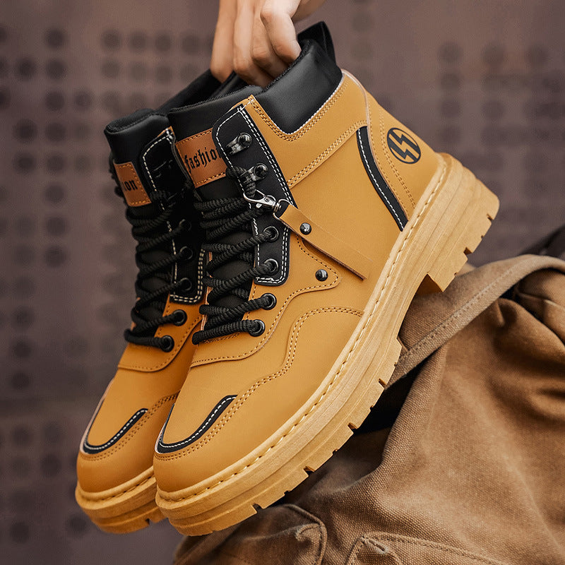 Botas Martin de Homem Roupa de trabalho de outono de estilo britânico de cano alto Botas de trabalho amarelas grandes para camisola desportiva casual masculina para caminhadas ao ar livre com sola grossa