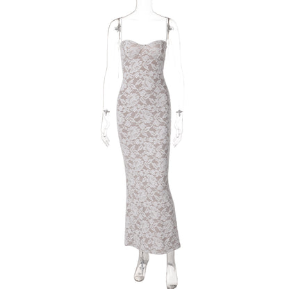 Moda feminina europeia e americana 2026, vestido sexy de renda em renda, com costas nuas, vestido slim slim slipwork para mulheres