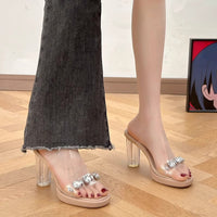 Saltos altos para mulheres, roupa exterior de verão 2025, novos saltos franceses robustos, sandálias de cristal transparentes com strass, chinelos de mulher, sapatos femininos