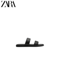 ZARA 2026 Primavera/Verão Novos Sapatos Masculinos Sandálias Rasteiras de Praia em Couro Preto com Tiras 2710720 800