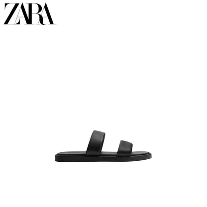 ZARA 2026 Primavera/Verão Novos Sapatos Masculinos Sandálias Rasteiras de Praia em Couro Preto com Tiras 2710720 800