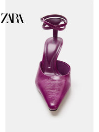 ZARA 2026 Verão Novo Sapatos Femininos Mules de Salto Alto com Tira no Tornozelo e Bico Fino 2268710 080