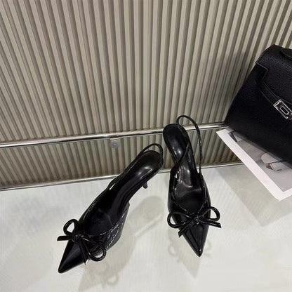 Salto alto de bico pontiagudo em couro verniz vermelho, nova decoração de laço primavera 2025, saltos altos altos, sapatos femininos ocos e fechados para trás