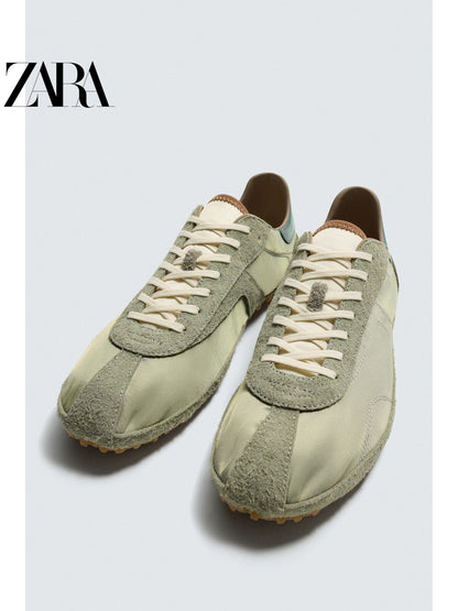 Sapatos masculinos ZARA, lançamento da coleção verão 2026, com detalhes em camurça, modelo retrô, com cadarço e leves, código 2365720 512.
