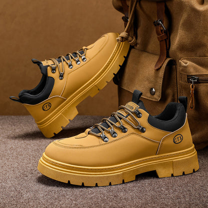 Homens Outono 2025 Novos Sapatos Desportivos Pretos Casuais em Pele, Roupa de Trabalho Antiderrapante com Sola Grossa Martin Sapatos da Moda