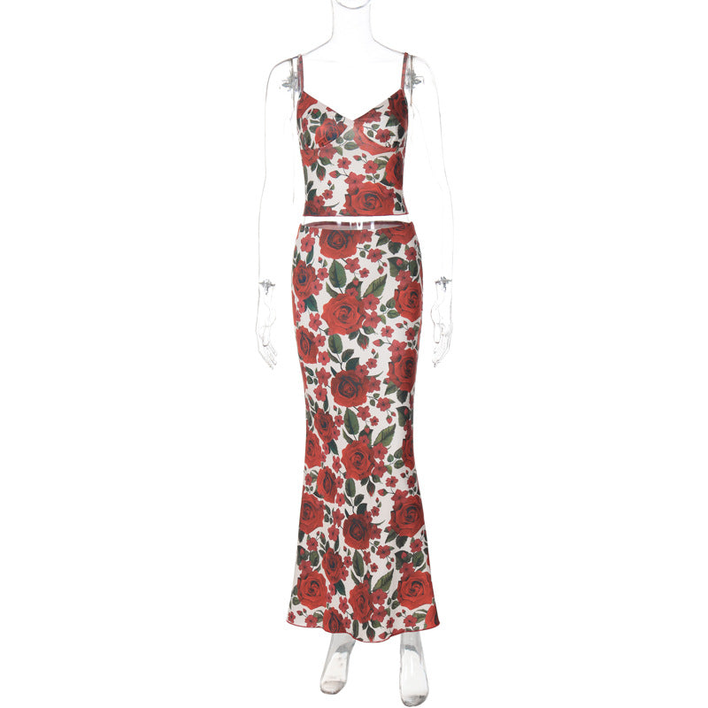 Amazon 2026 Summer 2026 Conjunto de Saias Longas Ajustadas ao Corpo Estampado Floral Floral com Estampado em V, Alças Finas e Ajustados ao Corpo da Anca na Amazon 2026