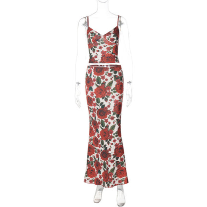 Amazon 2026 Summer 2026 Conjunto de Saias Longas Ajustadas ao Corpo Estampado Floral Floral com Estampado em V, Alças Finas e Ajustados ao Corpo da Anca na Amazon 2026