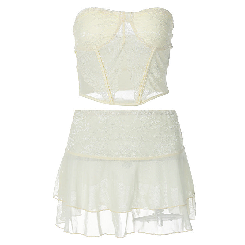 Conjunto de saia curta ultra-curta curta de duas camadas de dupla camada de roupa para mulheres com colagem sexy sexy de renda transparente para mulheres