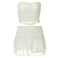 Conjunto de saia curta ultra-curta curta de duas camadas de dupla camada de roupa para mulheres com colagem sexy sexy de renda transparente para mulheres