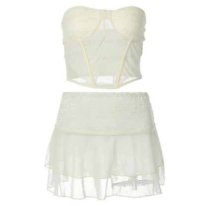 Conjunto de saia curta ultra-curta curta de duas camadas de dupla camada de roupa para mulheres com colagem sexy sexy de renda transparente para mulheres
