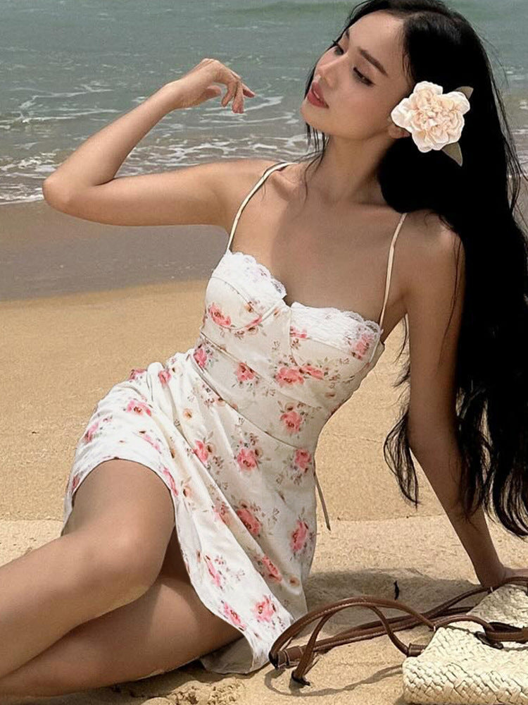 Comércio externo ao estilo europeu e americano da INS, novo e doce vestido de princesa floral em renda de borda de praia para mulheres