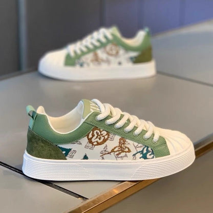 Sapatos masculinos com bico em forma de concha, ténis planos versáteis para estudantes casuais de outono, sapatos desportivos de marca alta, de topo de gama, brancos de sola grossa e na moda