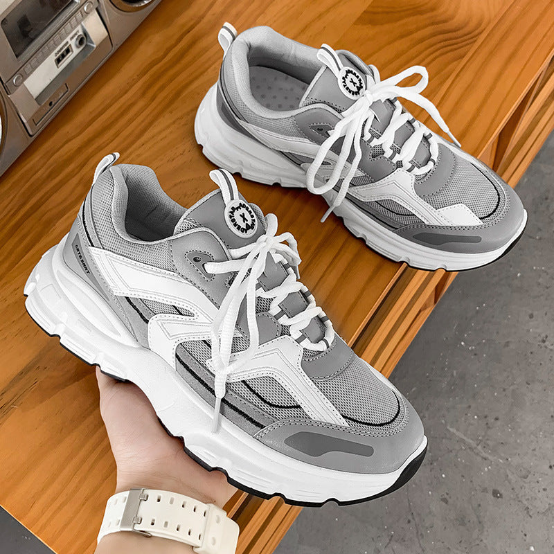 Masculino Verão Respirável, Versátil Casual Estudante Corrida, Viagens Desportos Pequenos Ténis Brancos Dad Port Trend com sola grossa e aumento de altura