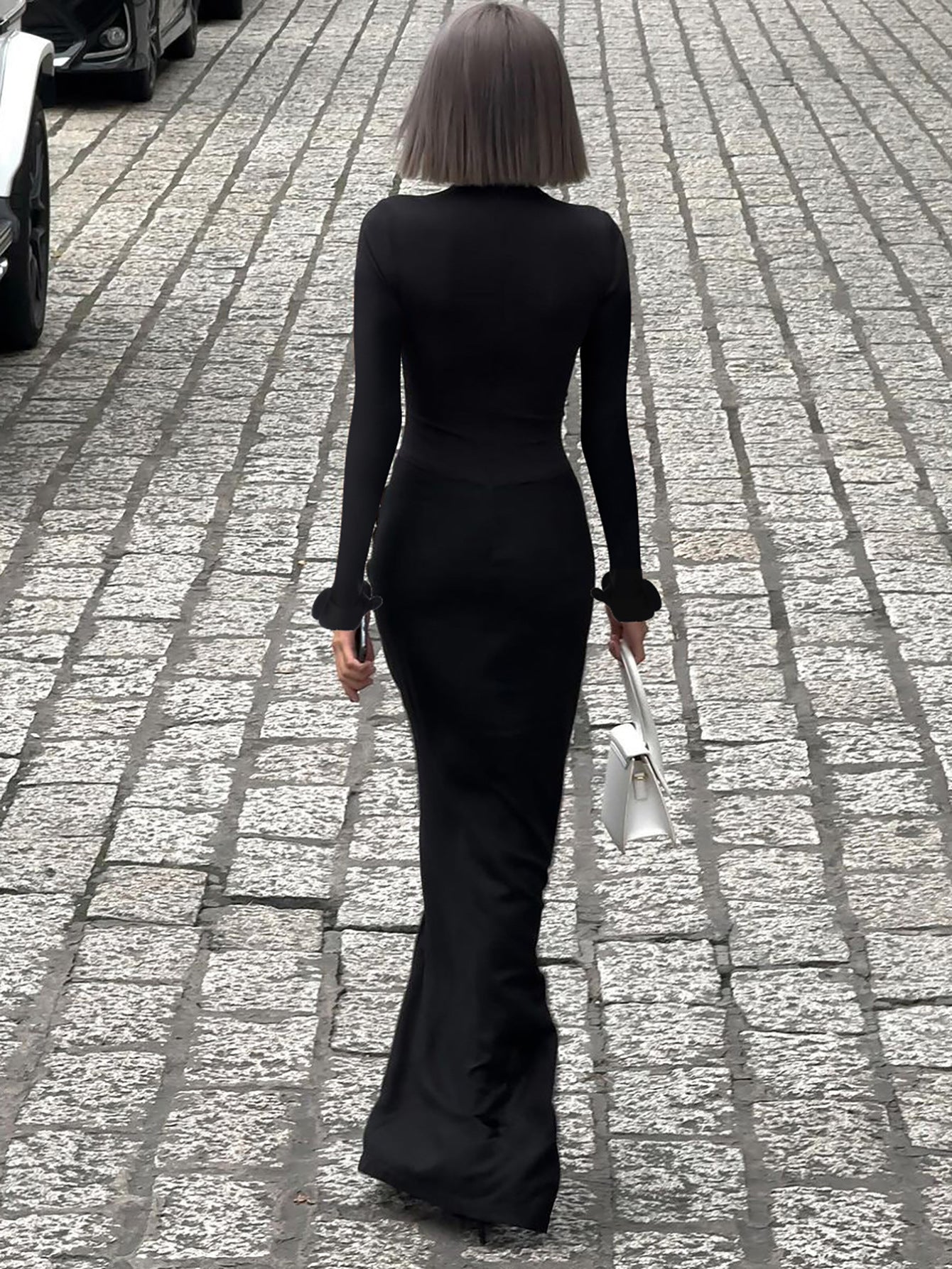 Vestido feminino novo, de manga longa, cor sólida, elegante e elegante e pregueado na moda feminino transfronteiriço e transfronteiriço