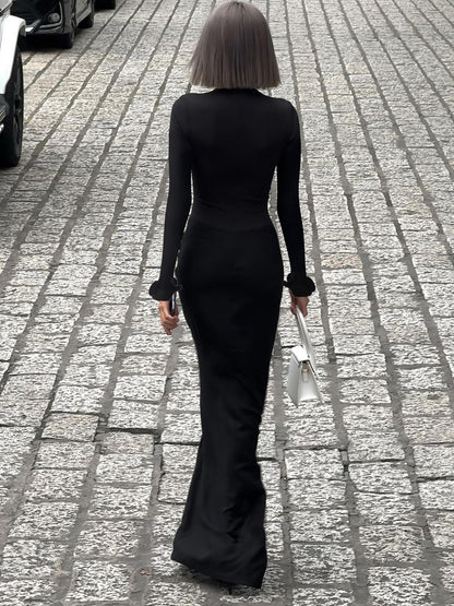 Vestido feminino novo, de manga longa, cor sólida, elegante e elegante e pregueado na moda feminino transfronteiriço e transfronteiriço