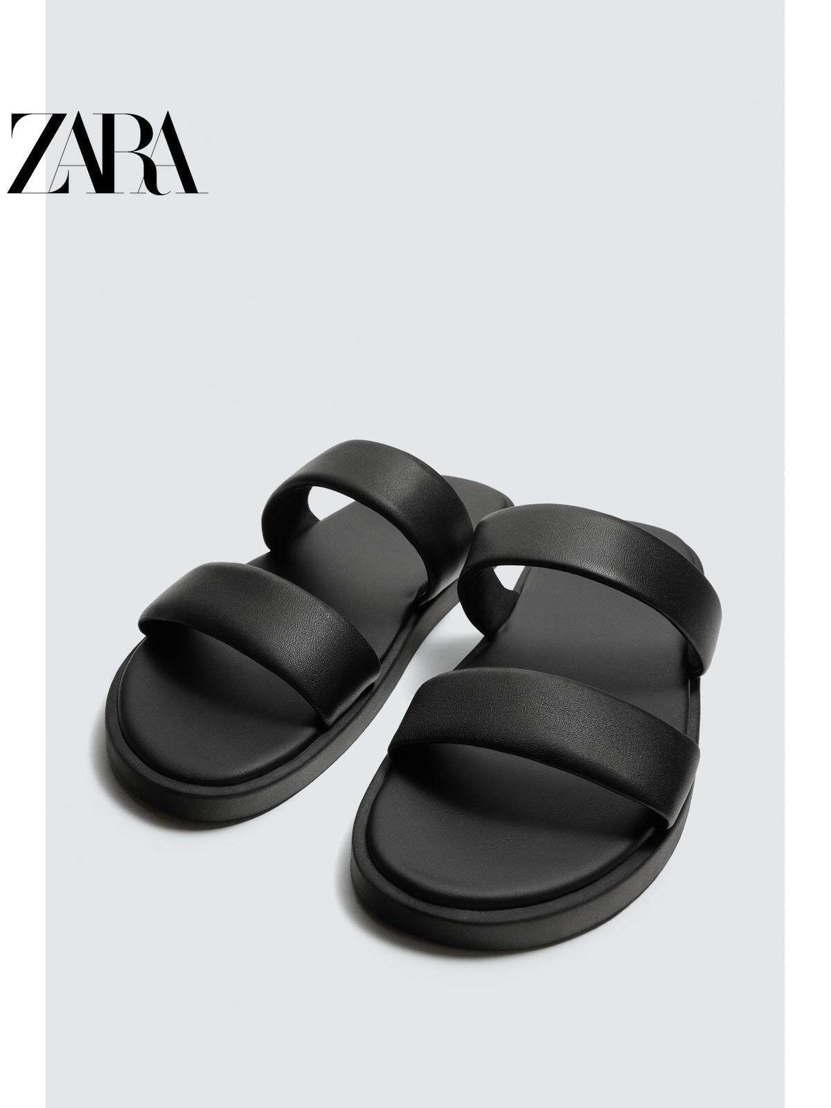 ZARA 2026 Primavera/Verão Novos Sapatos Masculinos Sandálias Rasteiras de Praia em Couro Preto com Tiras 2710720 800