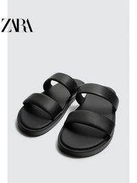 ZARA 2026 Primavera/Verão Novos Sapatos Masculinos Sandálias Rasteiras de Praia em Couro Preto com Tiras 2710720 800