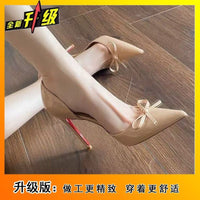 Saltos altos de abertura lateral para mulheres, sapatilhas de laço estilo agulhado e pontiagudas confortáveis, nova chegada primavera/verão 2025