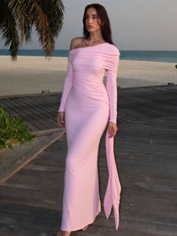 Verão 2026 Novo vestido feminino feminino transfronteiriço elegante de cor sólida com decote diagonal, envolvimento nas ancas, fita para emagrecer para mulheres