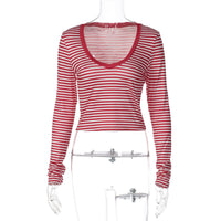 Estilo europeu e americano INS, estilo transfronteiriço e vendas de novas modas, rapariga às riscas de manga longa picante, camisetas curtas versáteis, slim tops versáteis, dropshipping