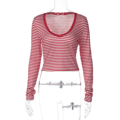 Estilo europeu e americano INS, estilo transfronteiriço e vendas de novas modas, rapariga às riscas de manga longa picante, camisetas curtas versáteis, slim tops versáteis, dropshipping