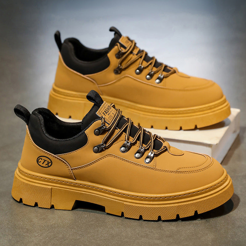 Homens Outono 2025 Novos Sapatos Desportivos Pretos Casuais em Pele, Roupa de Trabalho Antiderrapante com Sola Grossa Martin Sapatos da Moda
