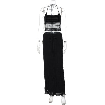 Moda de Verão Francesa 2026 Novo Conjunto de Vestido Longo Slim de Estilo Europeu e Americano de Decote Halter, Corpo Sem Costas, Ajustado Elegante Estilo Europeu e Americano