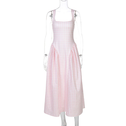 Vestido de princesa francês fresco, europeu e americano à moda que aperta a cintura, vestido slip sem costas sexy para mulheres