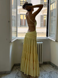 Vestido transfronteiriço novo e vendido pela Europa e América, vestido longo de retalhos, de um ombro, plissado e multicamadas, sexy, sem costas ocas, remendado, para mulheres
