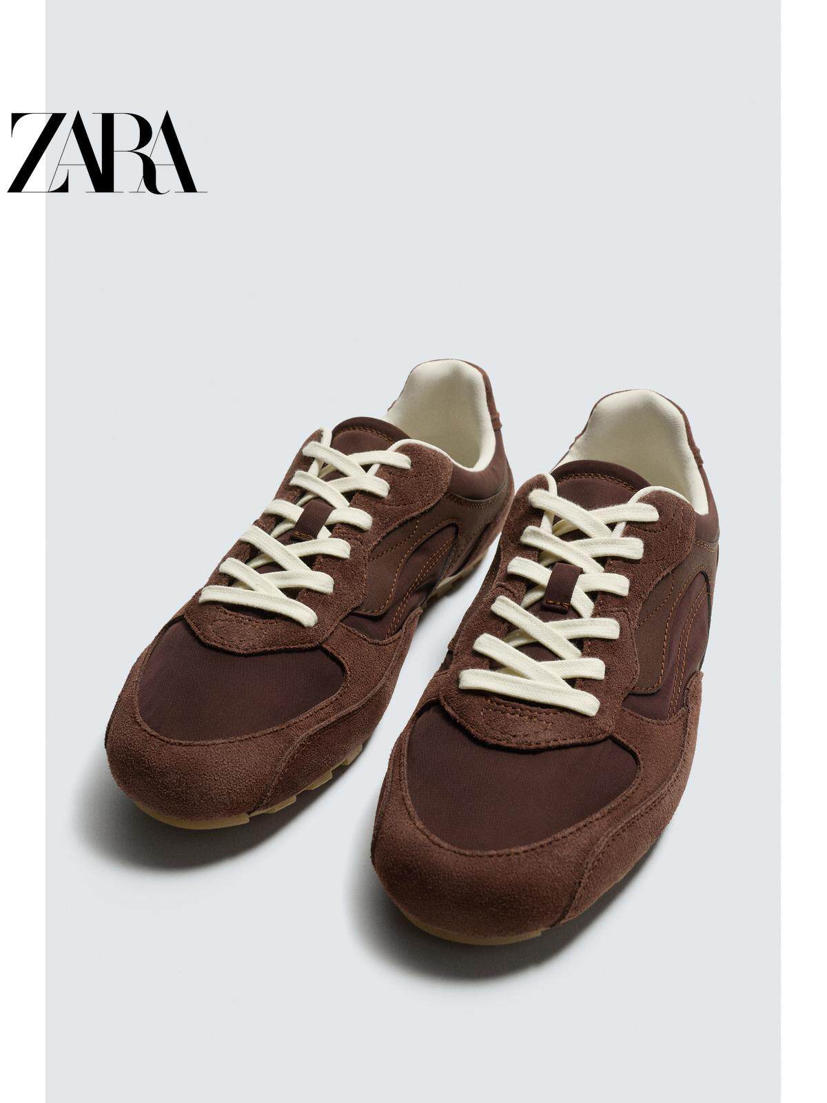 Sapatos masculinos ZARA, lançamento da coleção verão 2026, com detalhes em camurça, modelo retrô com cadarço e design leve, código 2343720 700.