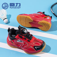 Sapatos vermelhos de rapazes com botões, sapatos de badminton em pele com rede fixe, sapatos infantis Warrior novos de outono, sapatos desportivos de interior