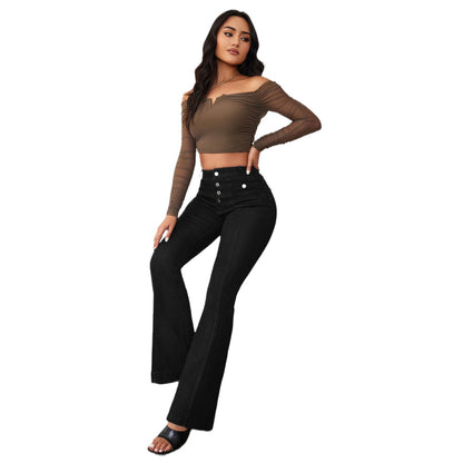 Novas Jeans Slim Slim Slim Flared da Amazon Primavera Transfronteiriça 2025 para mulher, calças compridas de cintura alta em retalhos em stock