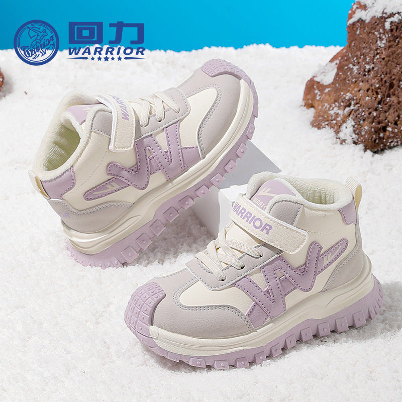 Sapatos versáteis de algodão color-block da Warrior Fashion, velcro infantil, sapatos desportivos casuais fáceis de deslizar, sapatos quentes forrados a lã