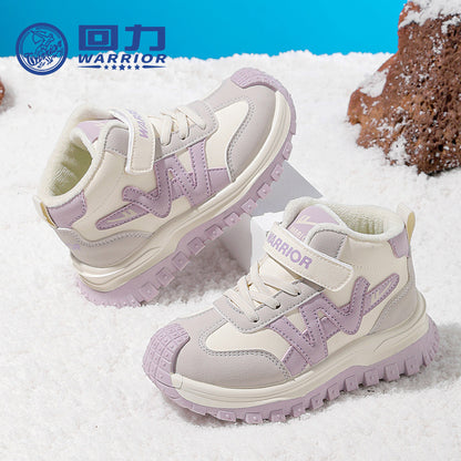 Sapatos versáteis de algodão color-block da Warrior Fashion, velcro infantil, sapatos desportivos casuais fáceis de deslizar, sapatos quentes forrados a lã