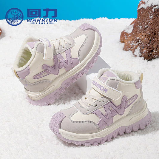 Sapatos versáteis de algodão color-block da Warrior Fashion, velcro infantil, sapatos desportivos casuais fáceis de deslizar, sapatos quentes forrados a lã