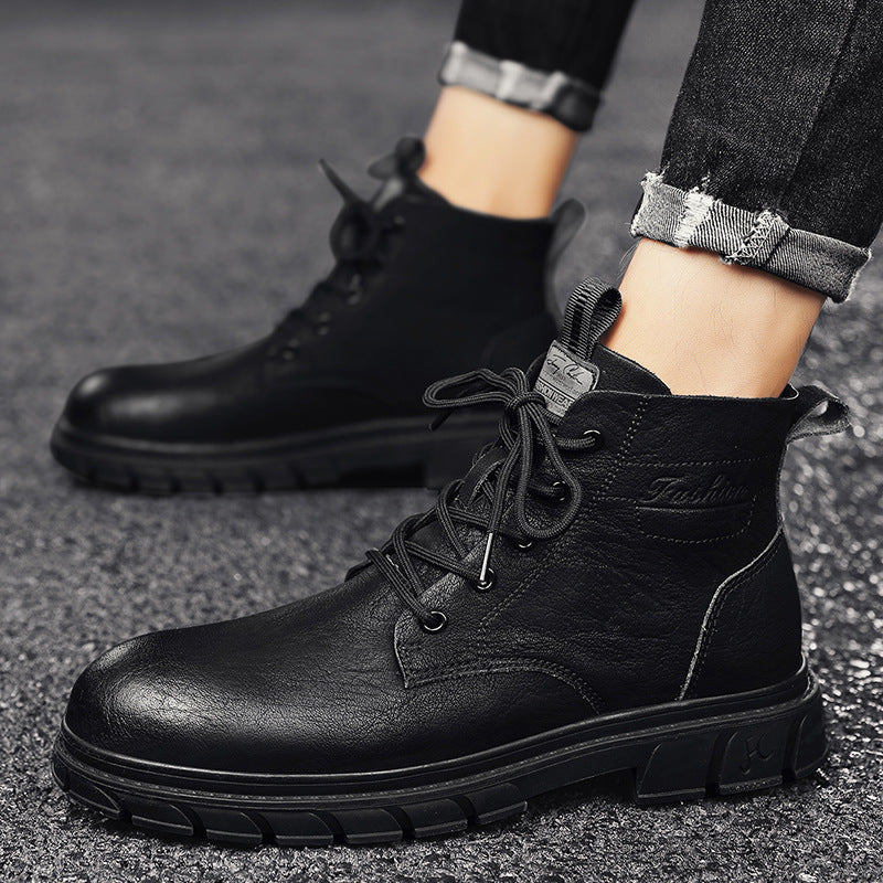 Martin Boots Calçado de trabalho masculino Outono 2024 Novos Sapatos de Trabalho Casuais Pretos Puros Pretos Médios de Estilo Britânico