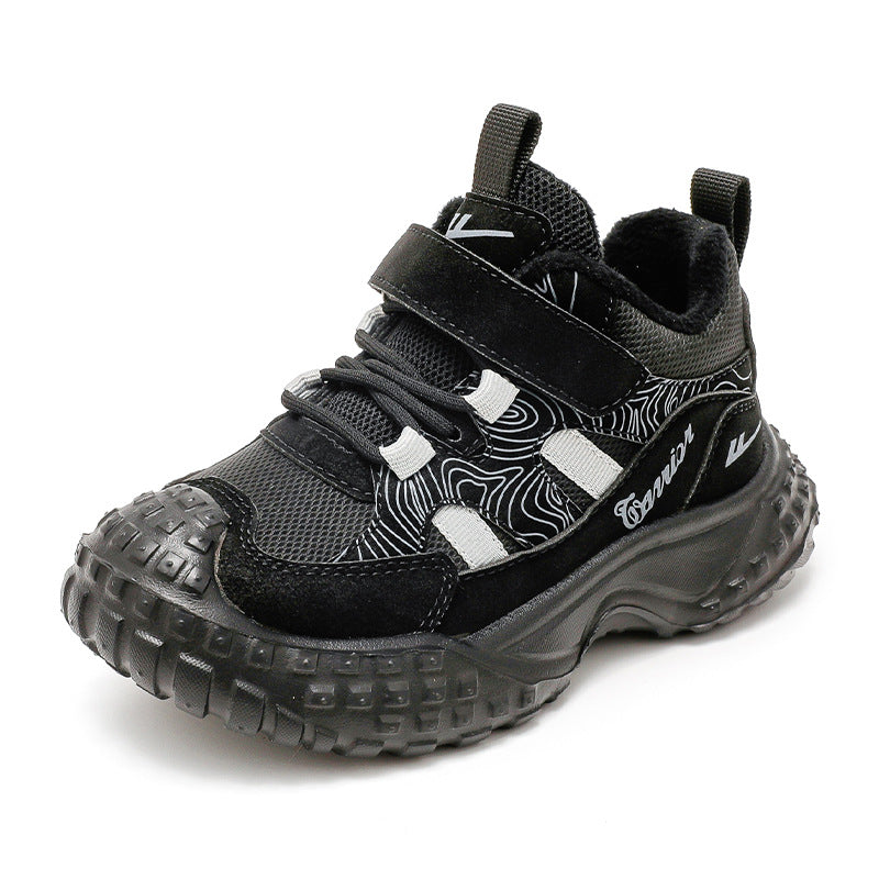 Novos sapatos infantis para o exterior de inverno para mulher e para mulher, sapatos desportivos de velcro forrados a fleece, sapatos modernos e versáteis com adesivo frio