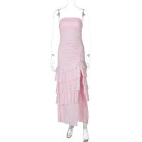 Vestido de bolo em camadas da moda bestseller transfronteiriço da Amazon, elegante vestido elegante, sem alças e fendas compridas, que aperta a cintura