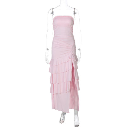 Vestido de bolo em camadas da moda bestseller transfronteiriço da Amazon, elegante vestido elegante, sem alças e fendas compridas, que aperta a cintura
