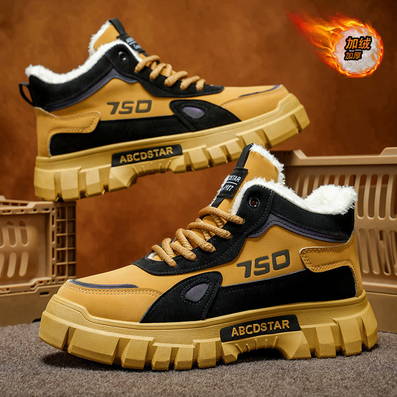 Sapatos de caminhada de trabalho de cabo alto forrados a polar de inverno 2025, botas desportivas de algodão de neve resistentes ao desgaste masculino