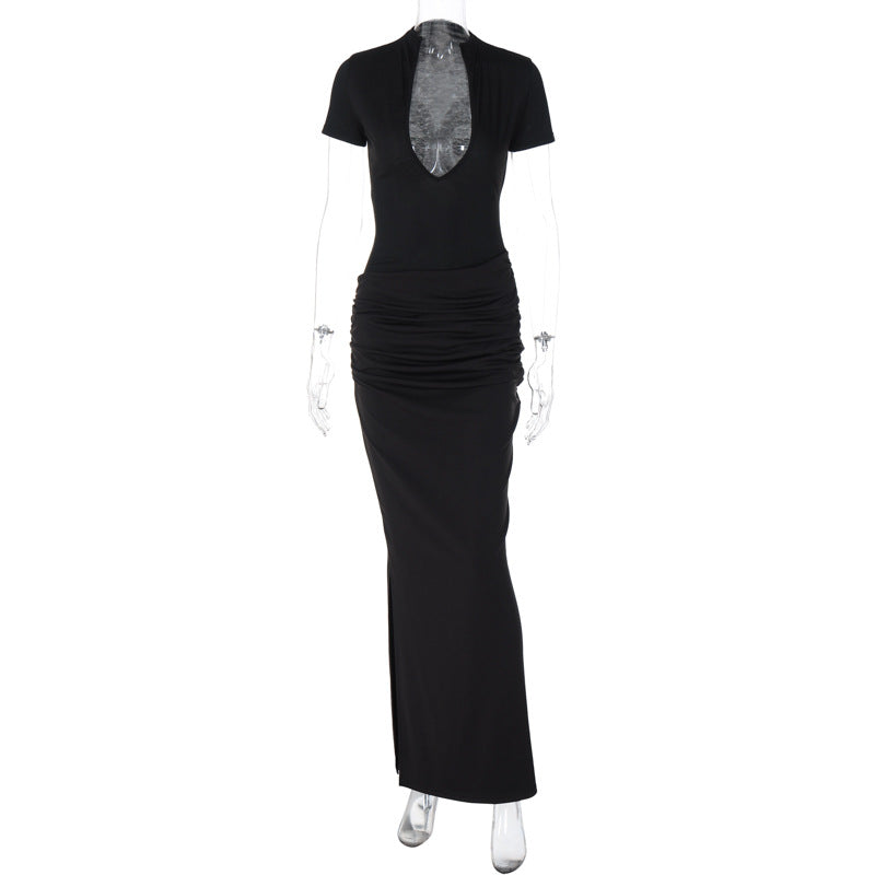 Verão 2026 Novo Vestido Feminino Sexy Deep V, Manga Curta em V Profundo, Cor Sólida, Estilo Rapariga Atraente, Vestido Comprido Plissado de uma só peça dropshipping